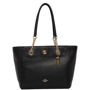 COACH Black Leather Tote Handbag Purse Turnlock Stylish Like New